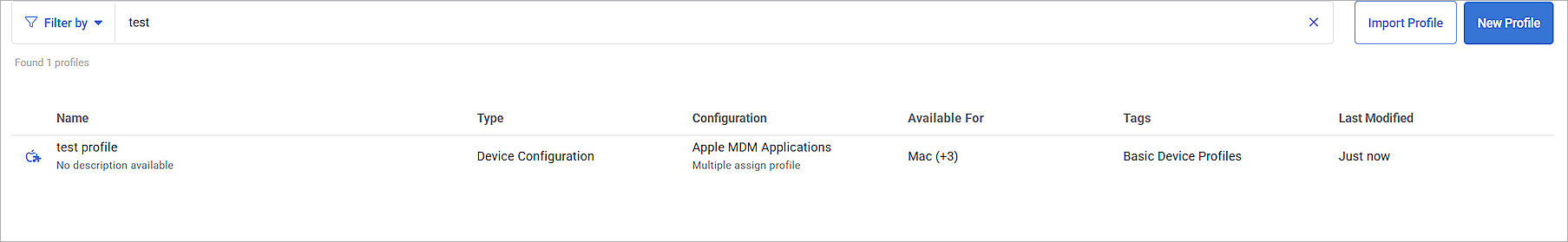 Screenshot of the profiles list in Kaseya MDM